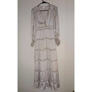 Chelsea & Violet Dress Plisse Satin Ruffle Deep V-Neck Long Smocked Cuff Sleeve